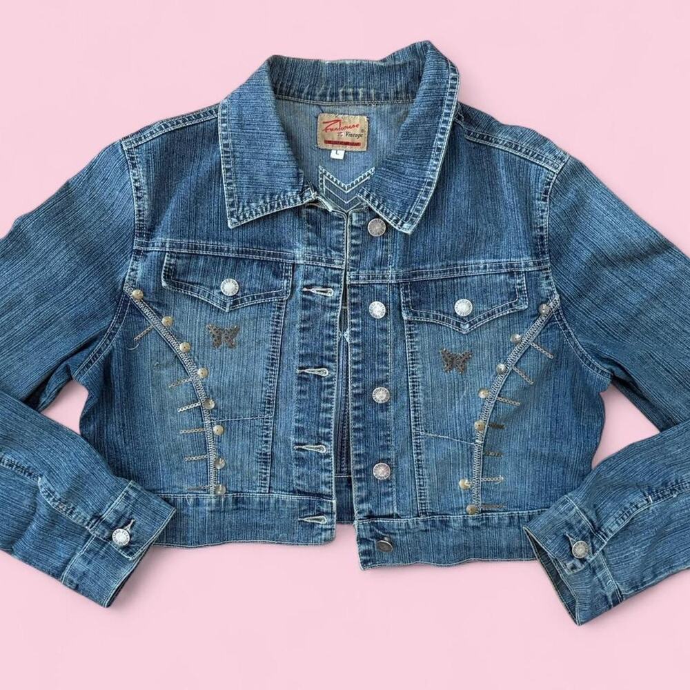 y2k embellished denim cropped jacket studded boho grunge funhouse vintage S